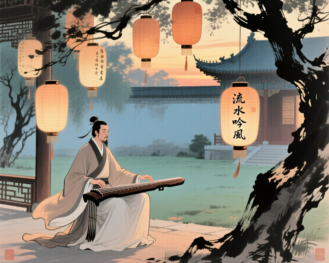 A court musician performing beneath painted lanterns in a palace garden, in the last golden light of day.