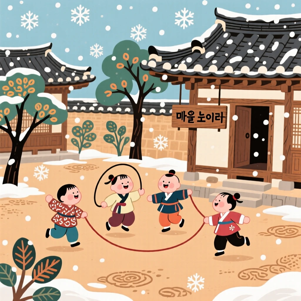 Children skipping rope in a village courtyard during a gentle snowfall.