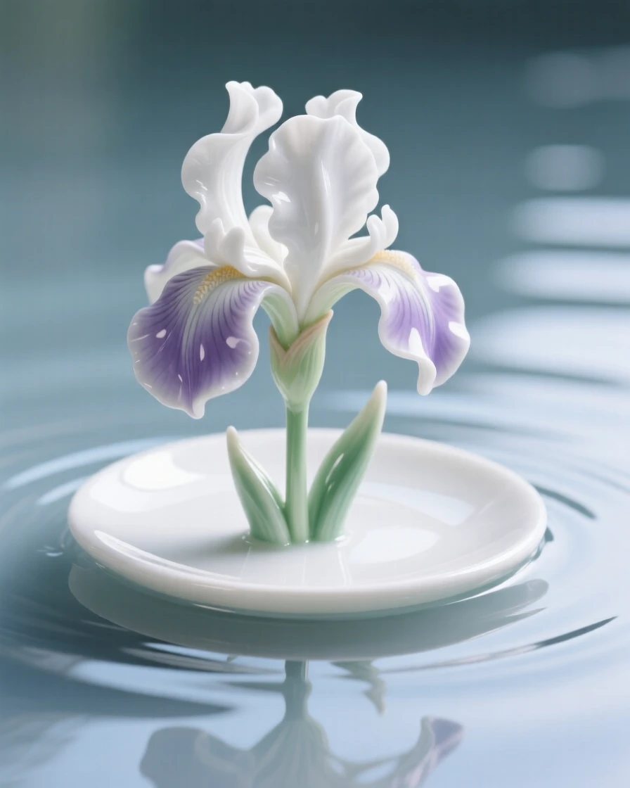 A single iris floating on still water, glowing softly in gentle morning light.