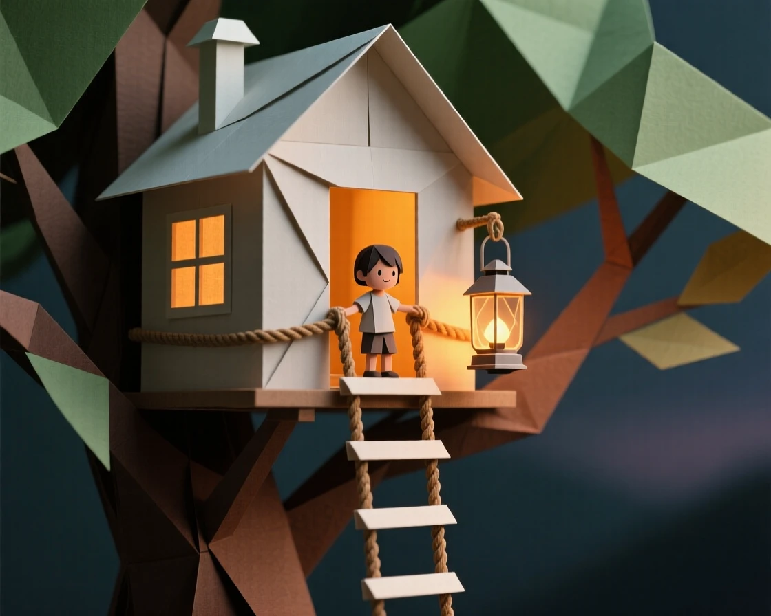 A child's treehouse with a rope ladder and a small lantern glowing inside at dusk.