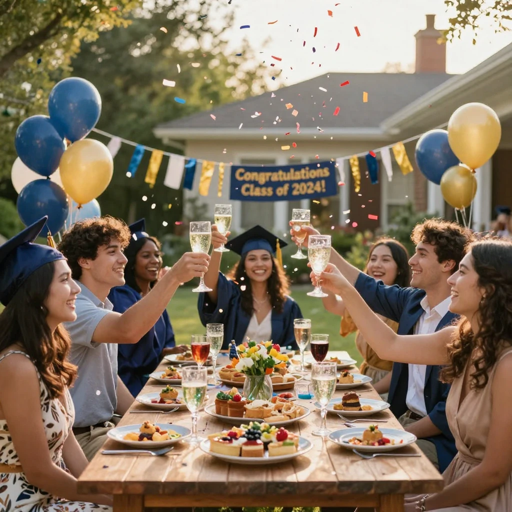A graduation party with confetti and celebratory toasts