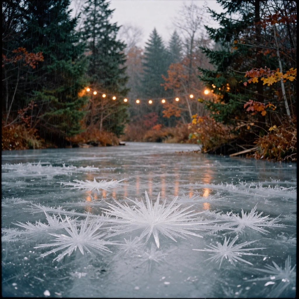 Ice formations sculpted into delicate crystal patterns on a frozen lake, under strings of warm string lights, under a light drizzle, in late autumn, with deep emerald greens and browns, from a slightly elevated vantage point.