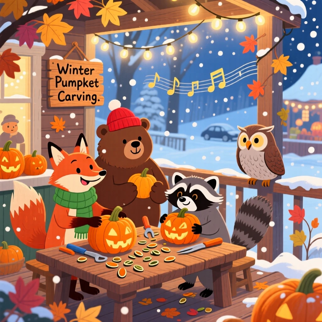 A group of woodland friends gather in a sparkling winter market, carving pumpkins on a porch surrounded by autumn leaves, while soft carols play in the background.