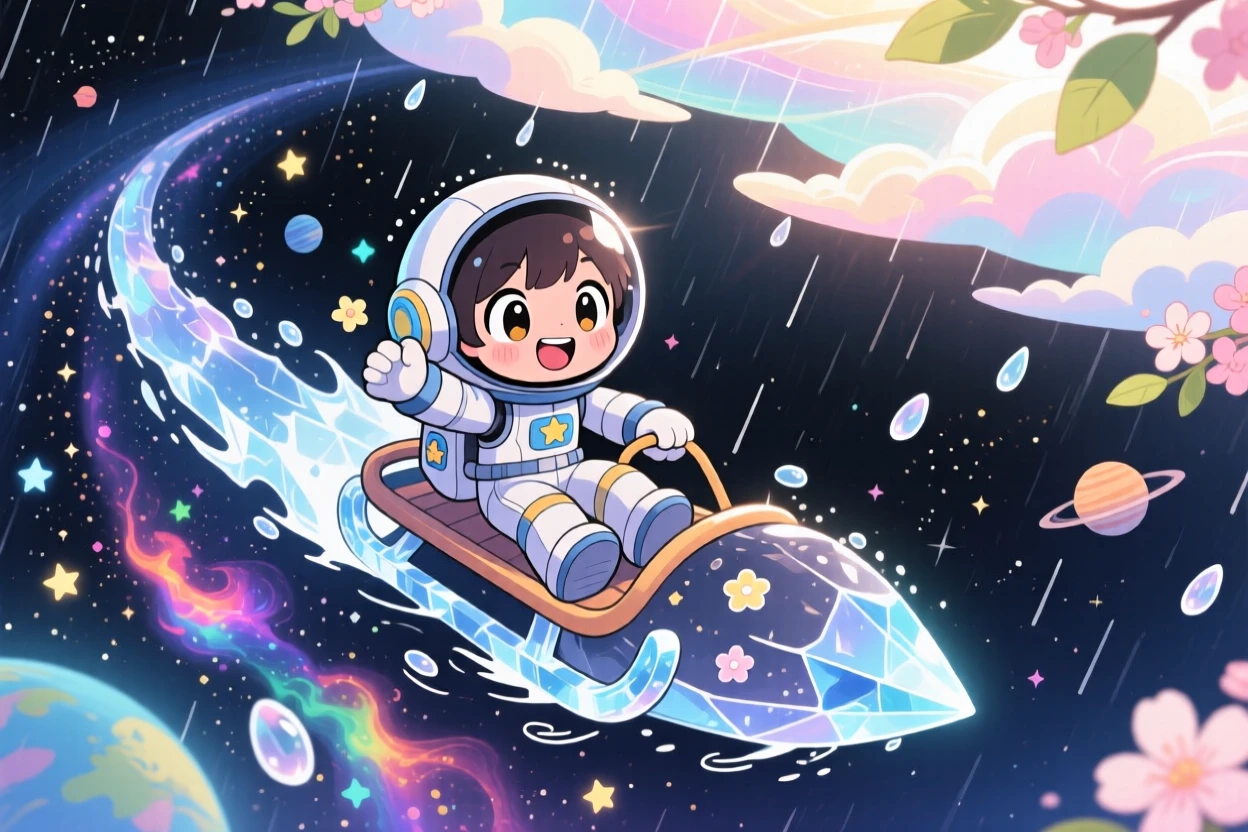 A young space explorer riding a comet like a sled in a starry cosmic trail during a gentle spring rain shower; dappled sunlight through a canopy washes over the scene as triumphant pride fills the moment. Bird's-eye view.