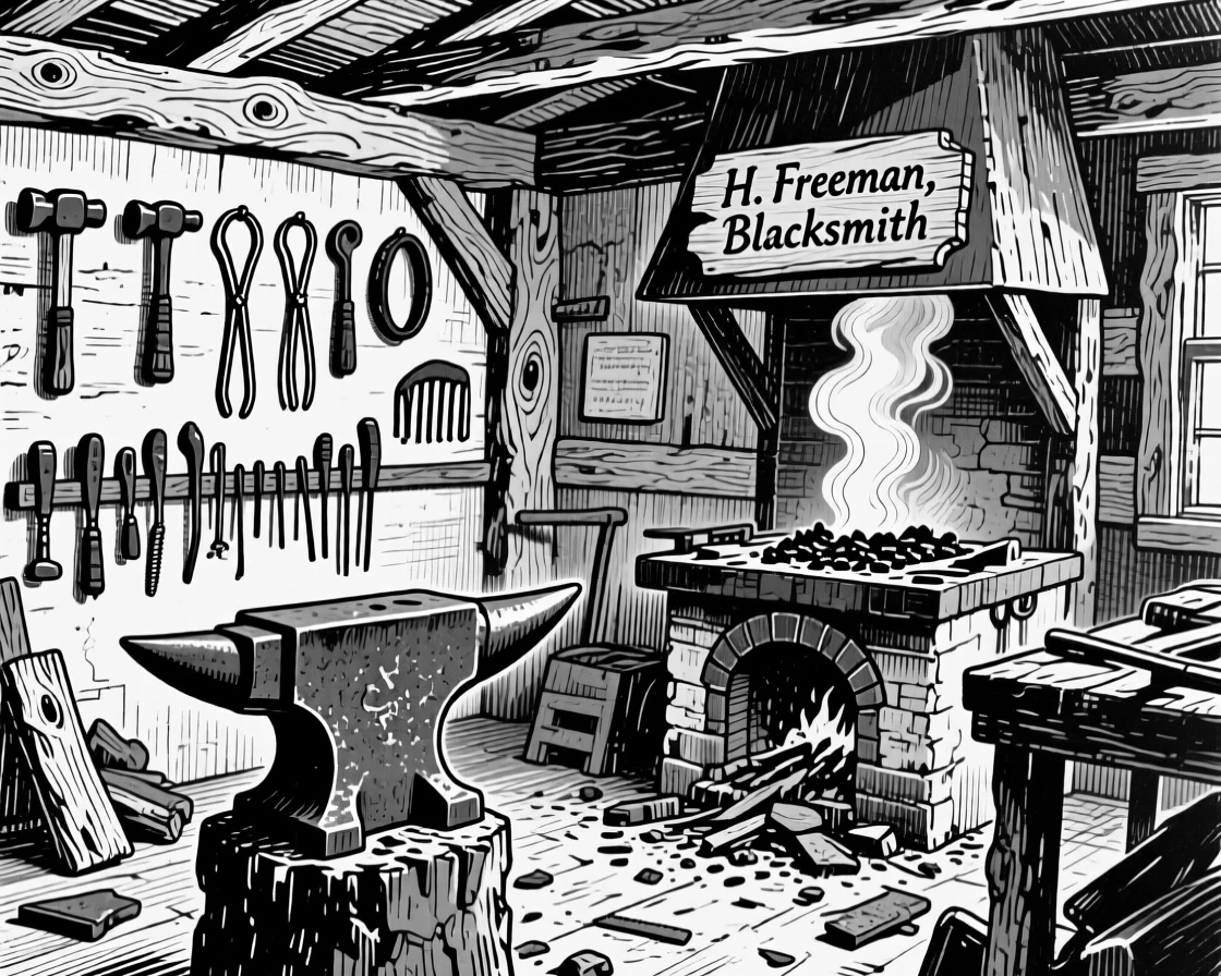 A rustic blacksmith workshop with tools hanging along the walls.