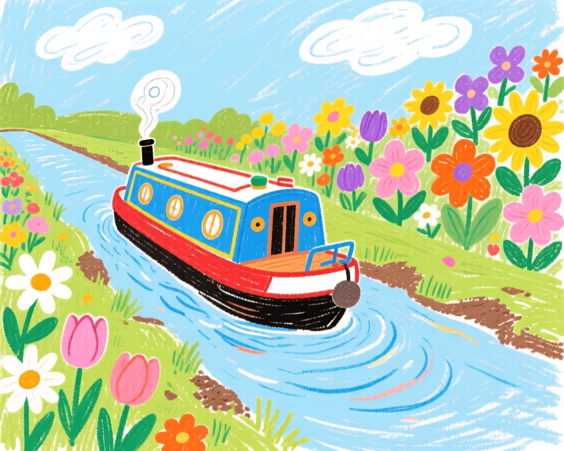 A canal boat cruising slowly past blooming riverside gardens.