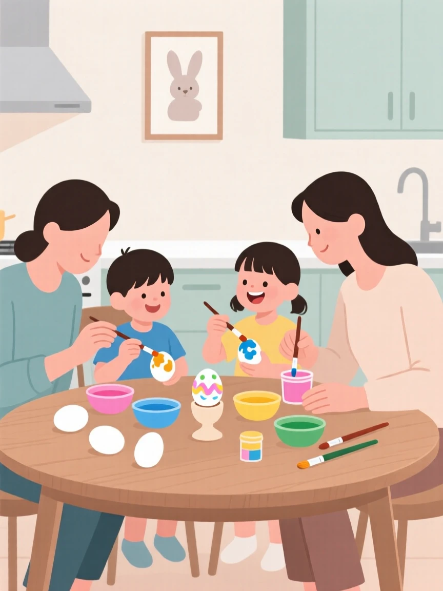 A family decorating Easter eggs together at the kitchen table.