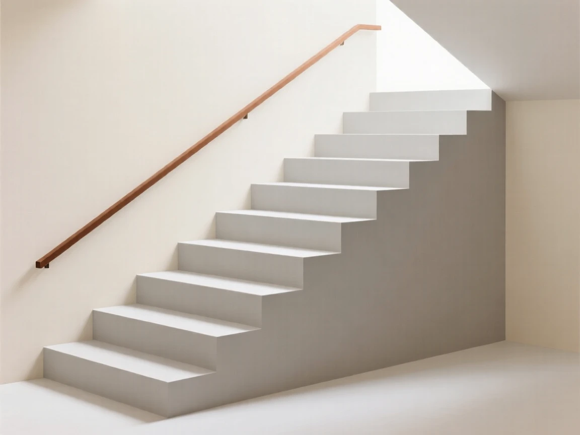 A staircase with a wooden handrail and natural light
