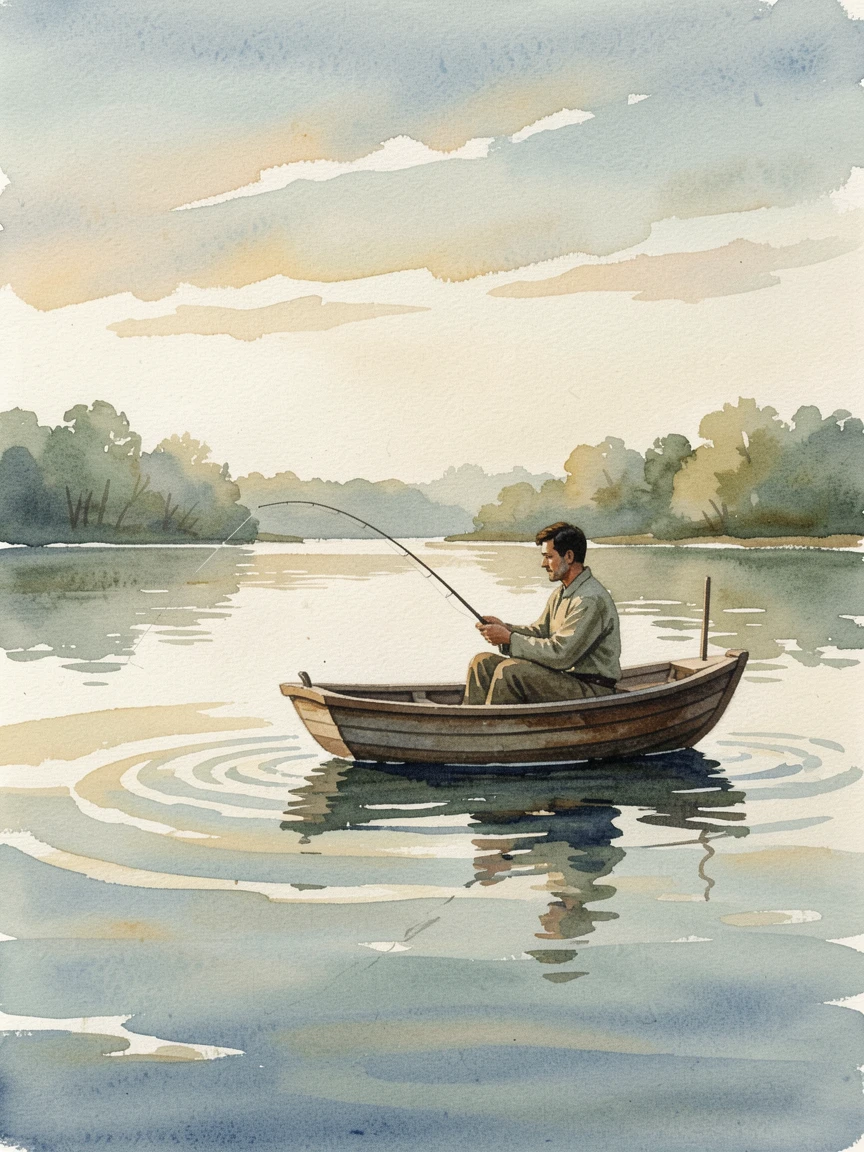 A man fishing quietly from a rowboat on a still lake on a calm weekend afternoon.