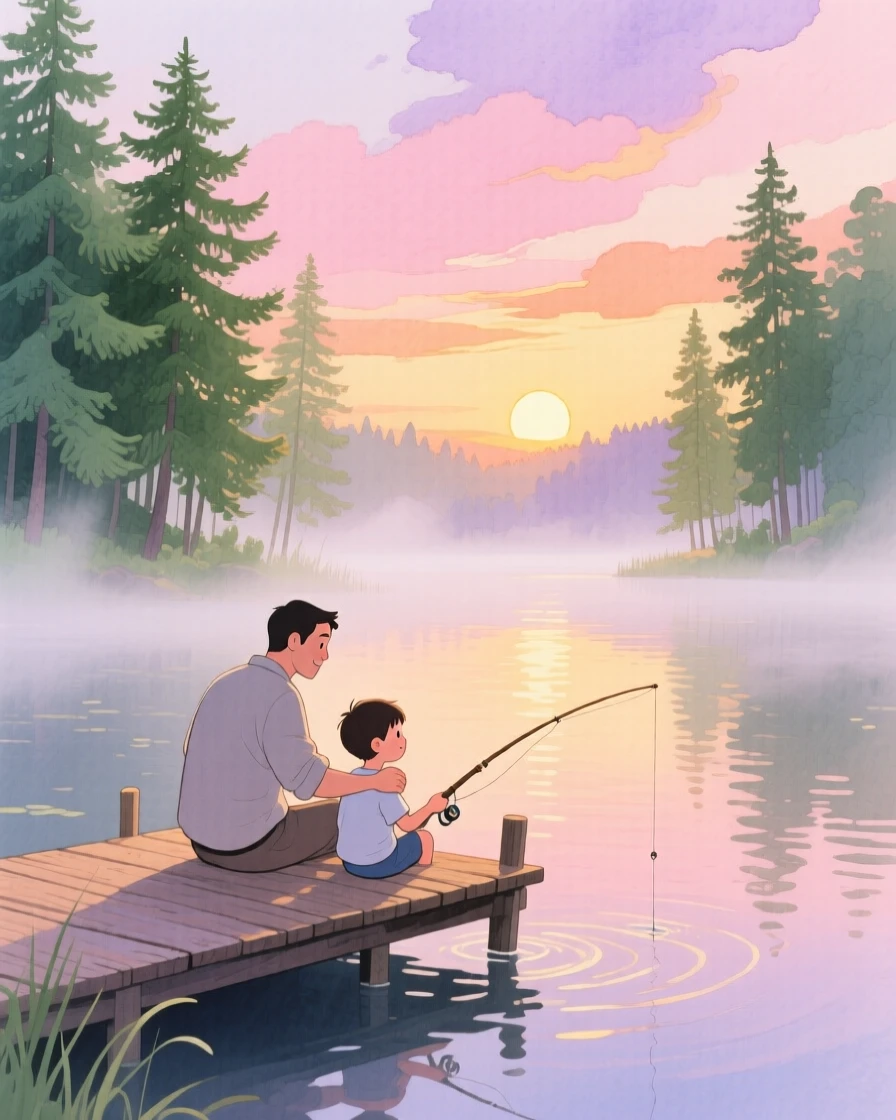 A father and son fishing off a wooden dock as the sun rises, in a misty lake surrounded by pine trees, with a gentle breeze rustling nearby trees, a quiet moment of connection and teaching.
