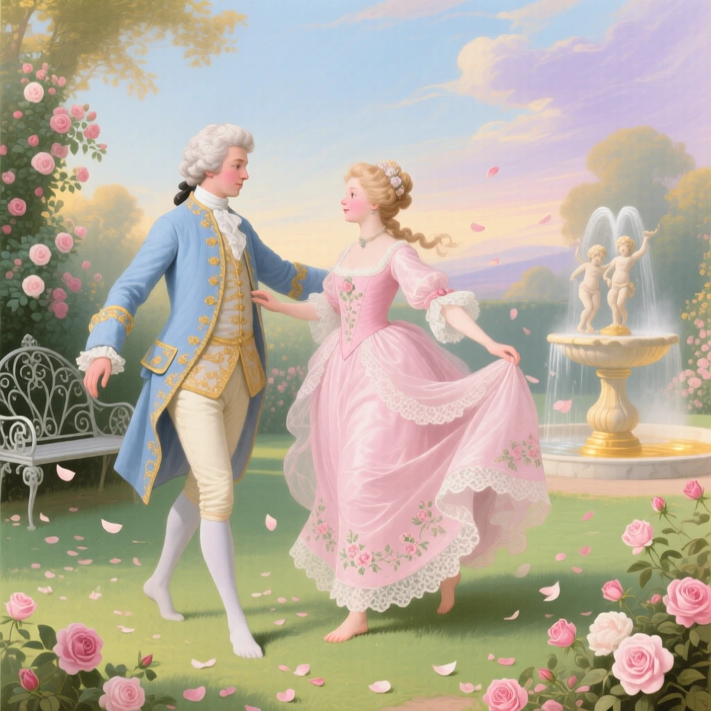 A prince and princess dancing among falling rose petals  