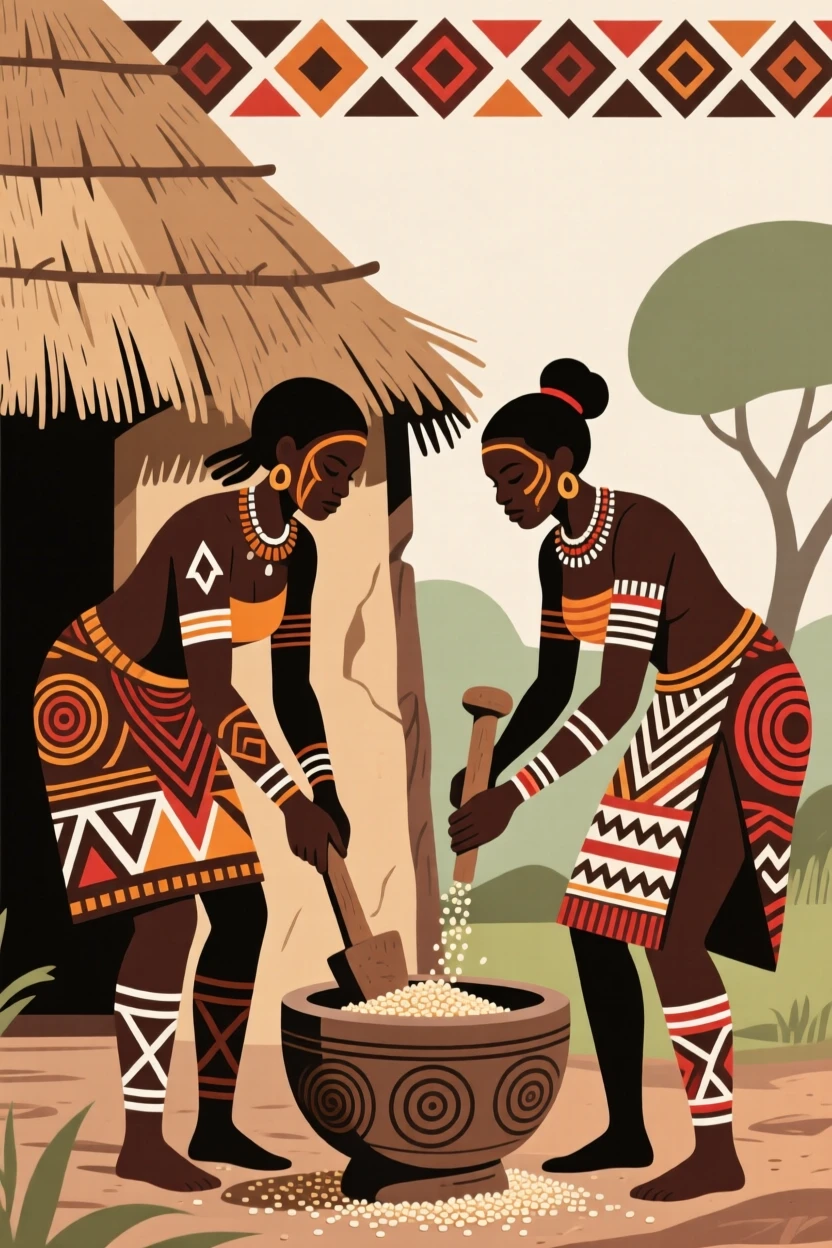 Women grinding grain together outside a thatched hut.