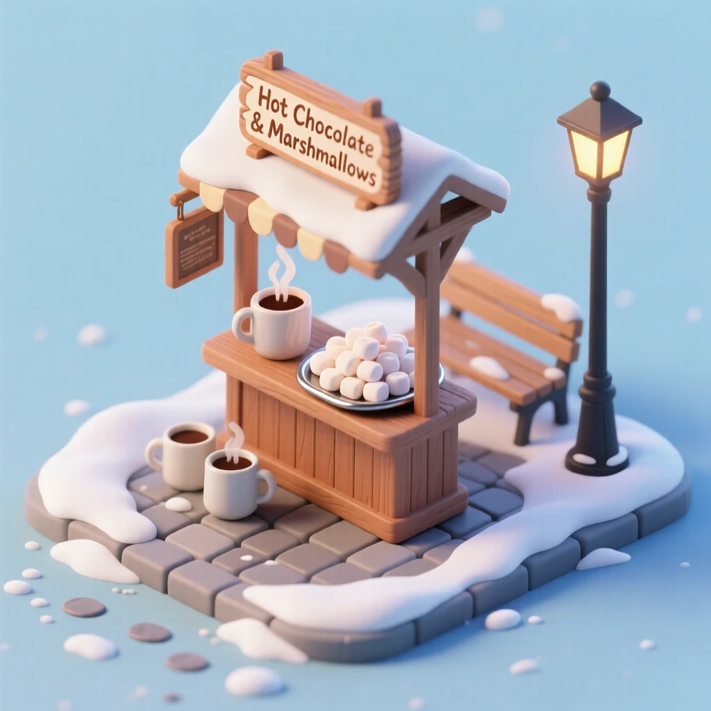 A cozy hot chocolate stand in a snowy town square, steam rising from mugs, and marshmallows piled high on a nearby tray.