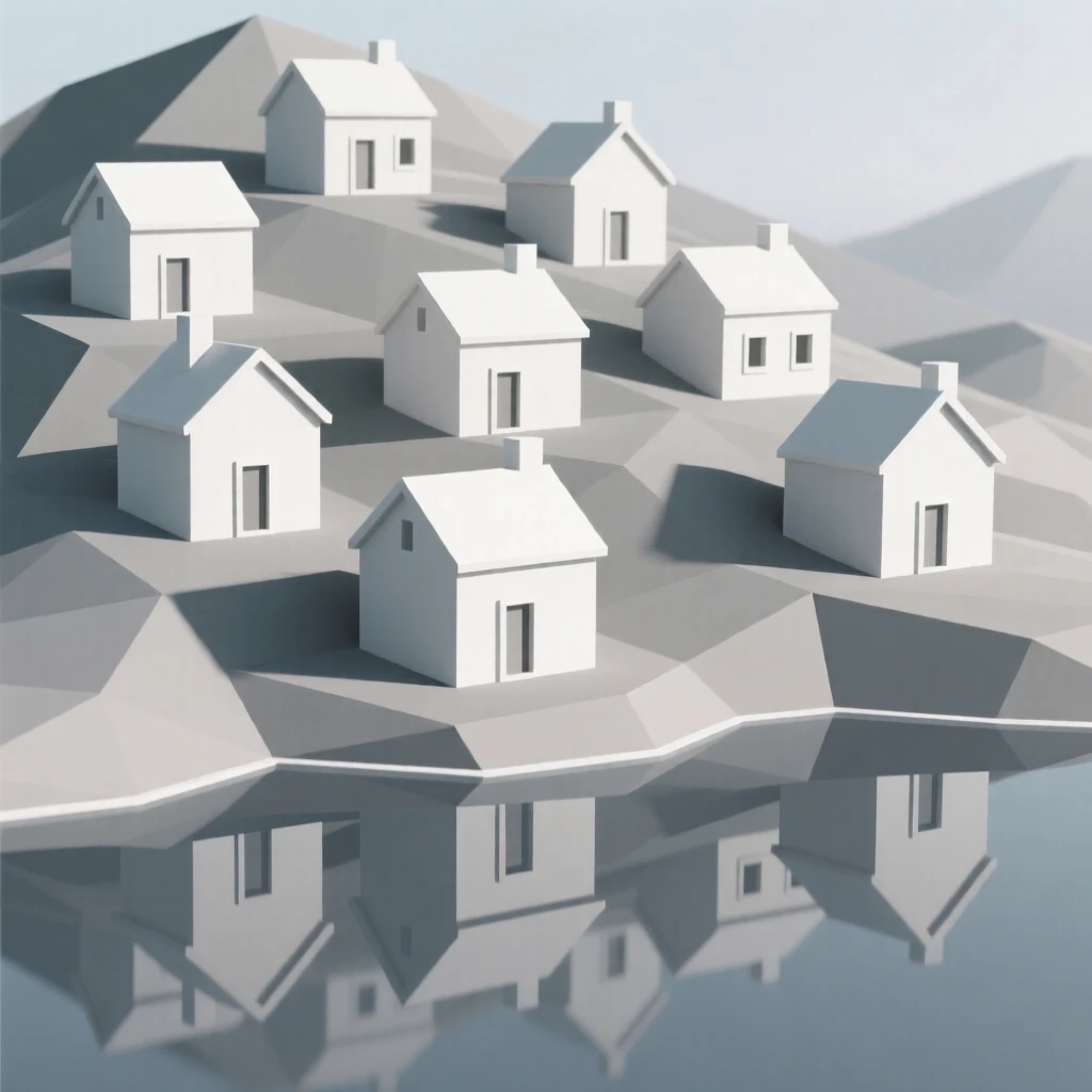 A hidden hillside village of whitewashed houses, wrapped in early morning fog. soft reflections in water double the architectural detail. The atmosphere is peaceful and inviting.