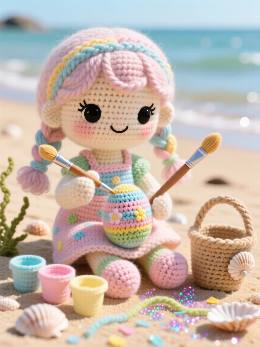 a little girl decorating Easter eggs, with small paintbrushes and dye cups, carefully painting a pastel pattern, set in a sun-drenched summer beach at low tide, with a trail of glittering confetti, full of quiet, comforting seasonal tradition.