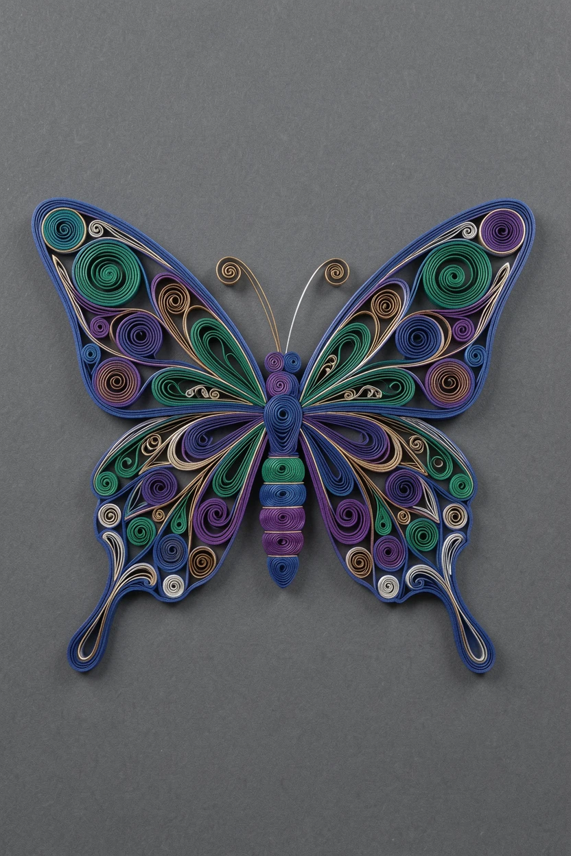 An elegant design featuring a symmetrical butterfly pattern with mirrored wings, balanced with mirrored symmetry on both sides, with fine hair-thin linework throughout, centered on a soft charcoal grey surface.