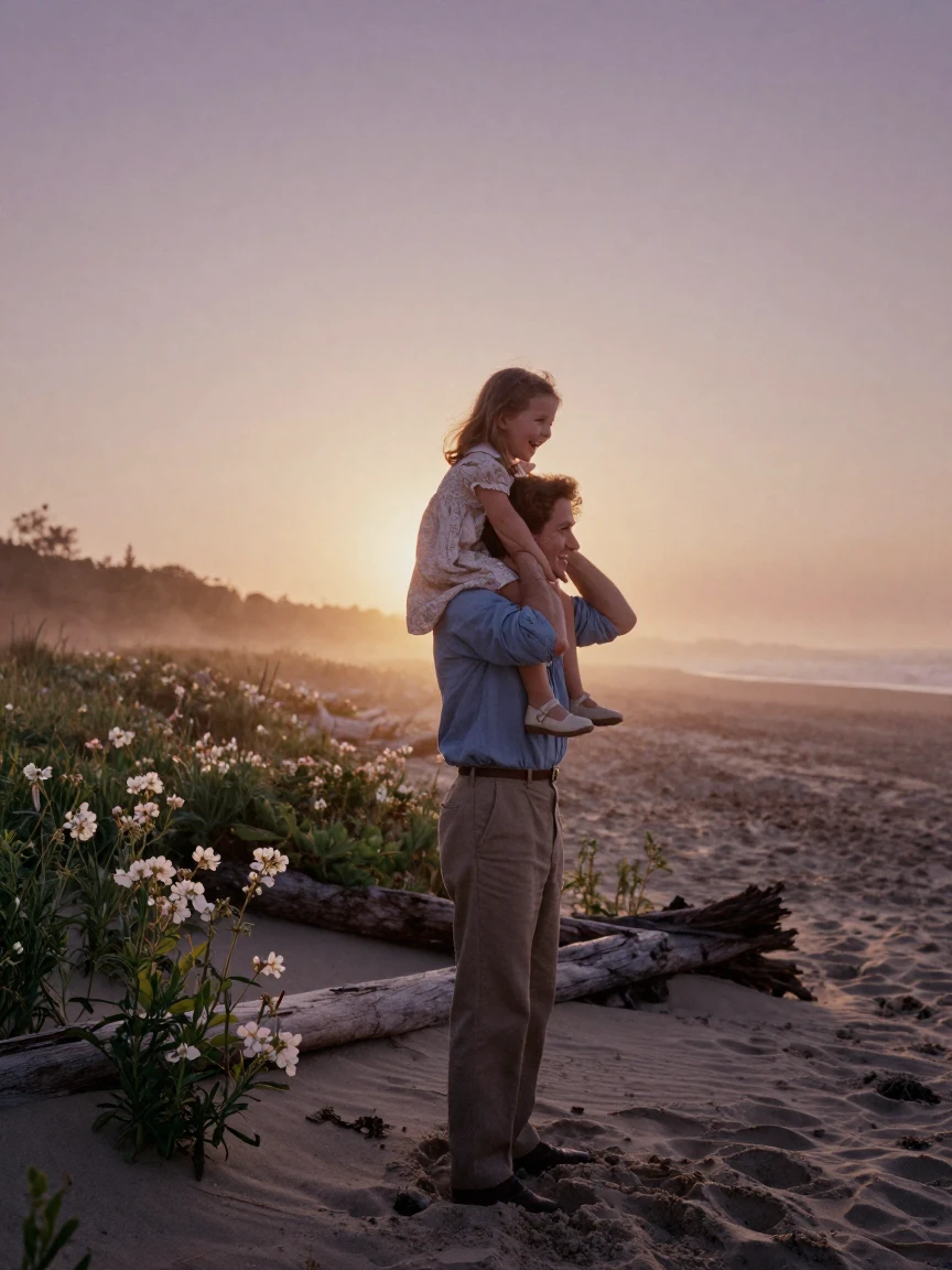 A father lifting his laughing daughter onto his shoulders on a beach, in the last light of dusk, as mist rises off the ground, as spring blossoms unfurl, with deep emerald greens and browns, from a wide establishing view.