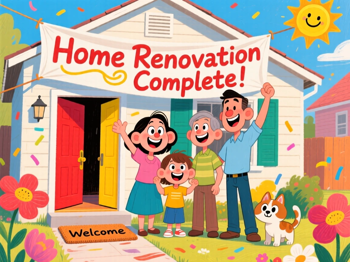 A family celebrating a successful home renovation, standing proudly in front of the finished house.