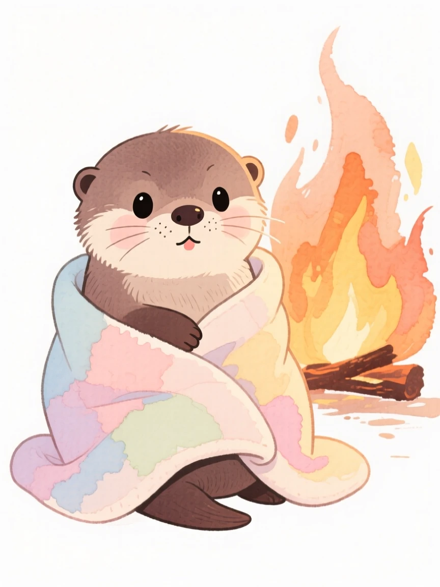 A baby otter wrapped in a soft blanket by a fireplace