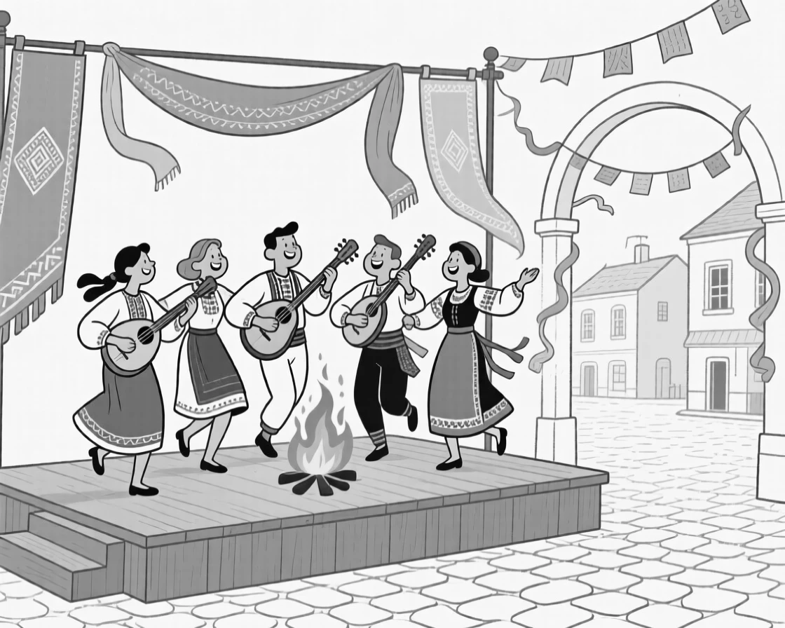 Musicians playing traditional instruments in a town square, swaying arm in arm to the crackling fire's rhythm, set on a stage framed by vibrant silk banners. Paper streamers flutter from a nearby archway. It radiates the timeless magic of coming together to celebrate.