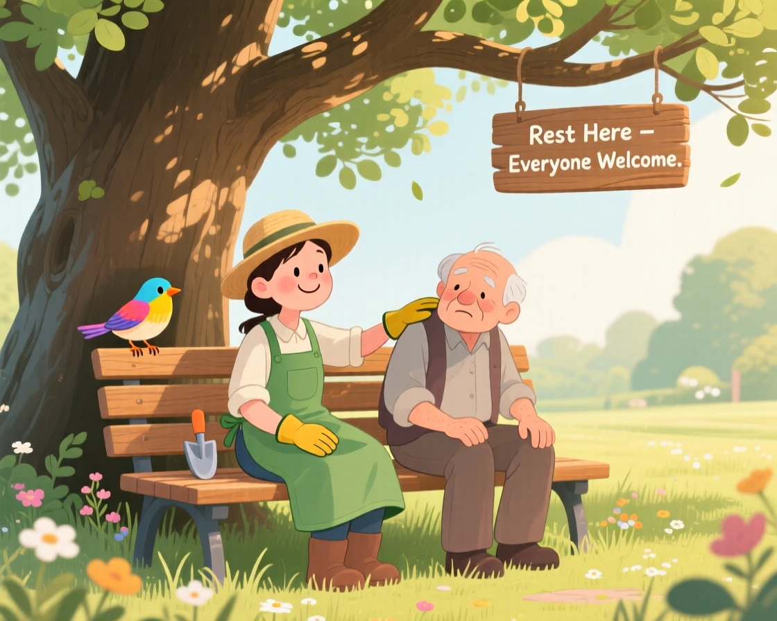 A small bird and a kind gardener share a tender moment giving up a seat so someone else can rest in a park bench under an old oak tree, with a gentle hand resting on a shoulder.