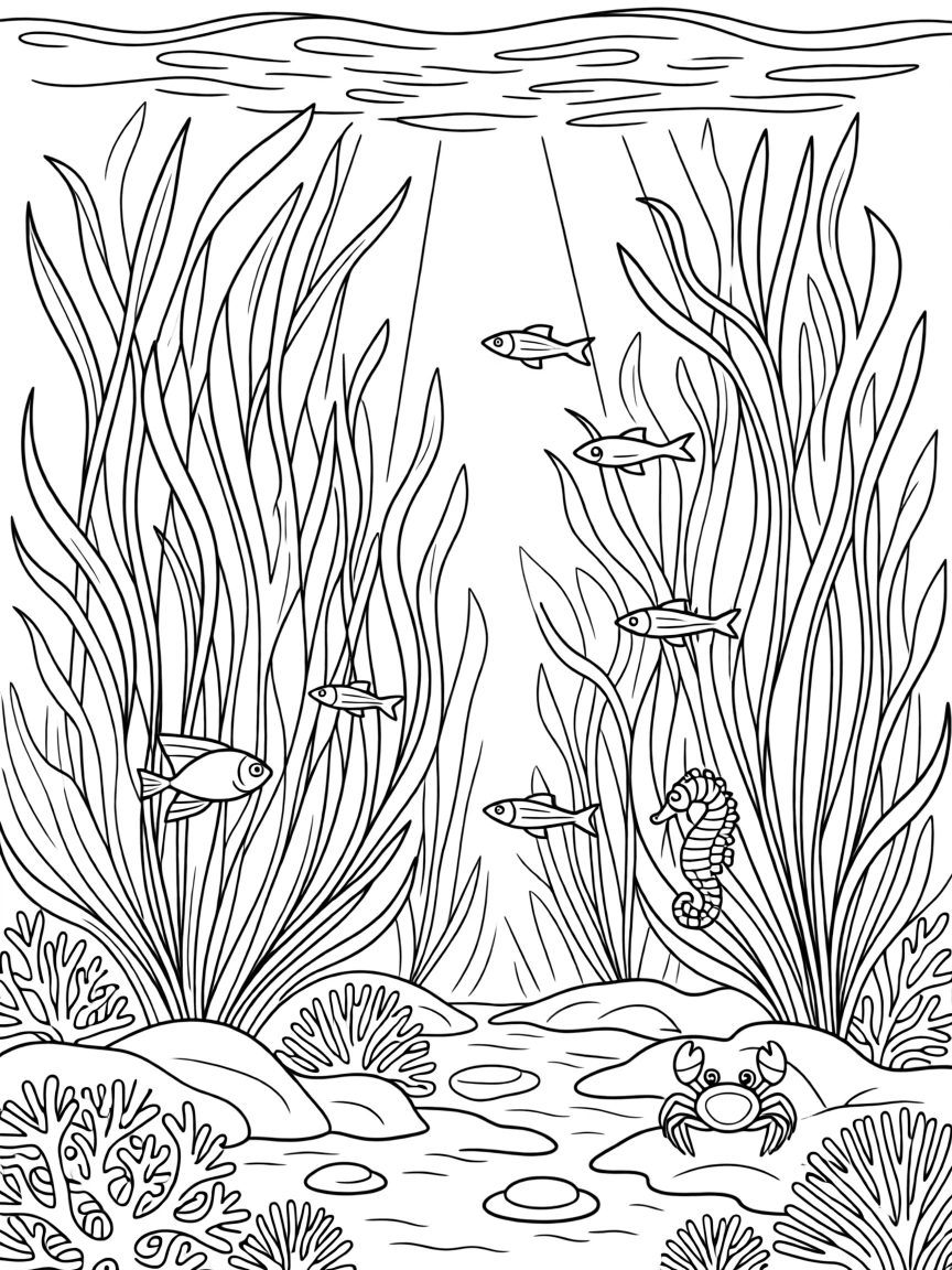 A kelp forest swaying with hidden creatures, with tiny fish darting between rock crevices.