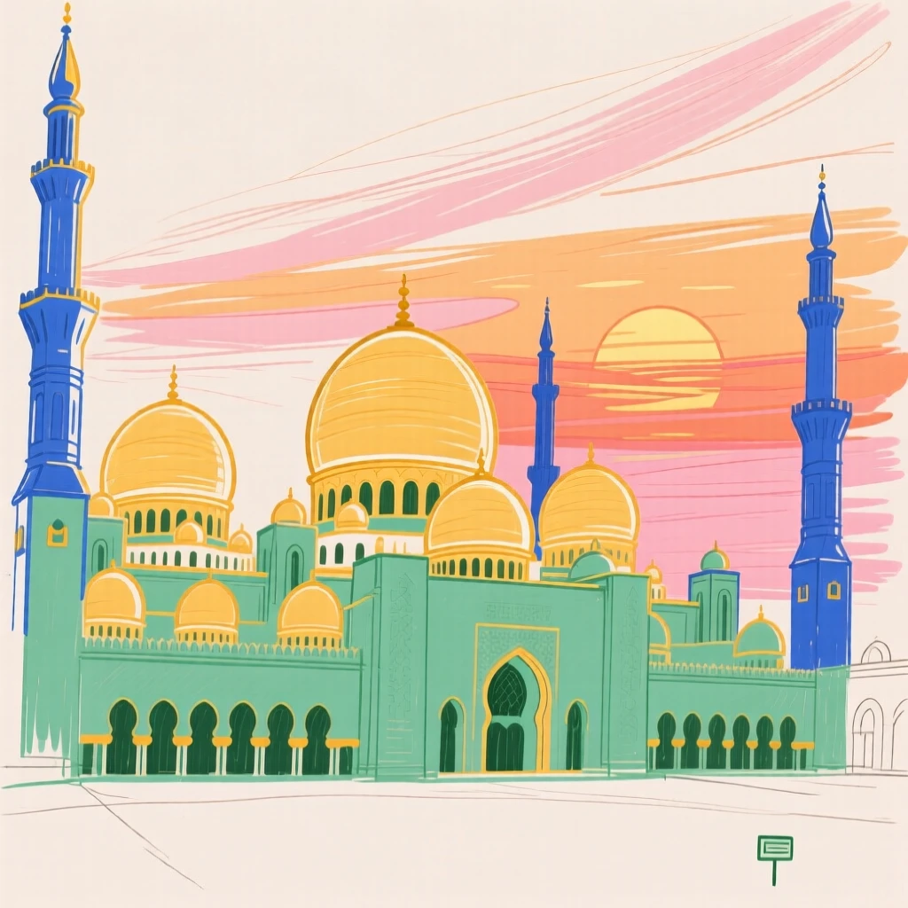 A grand mosque with domes and minarets at sunset.