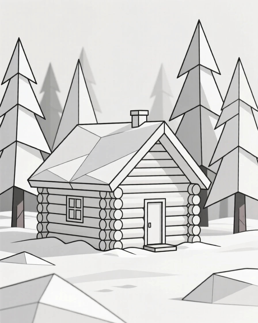 A traditional log cabin nestled in a snowy pine forest