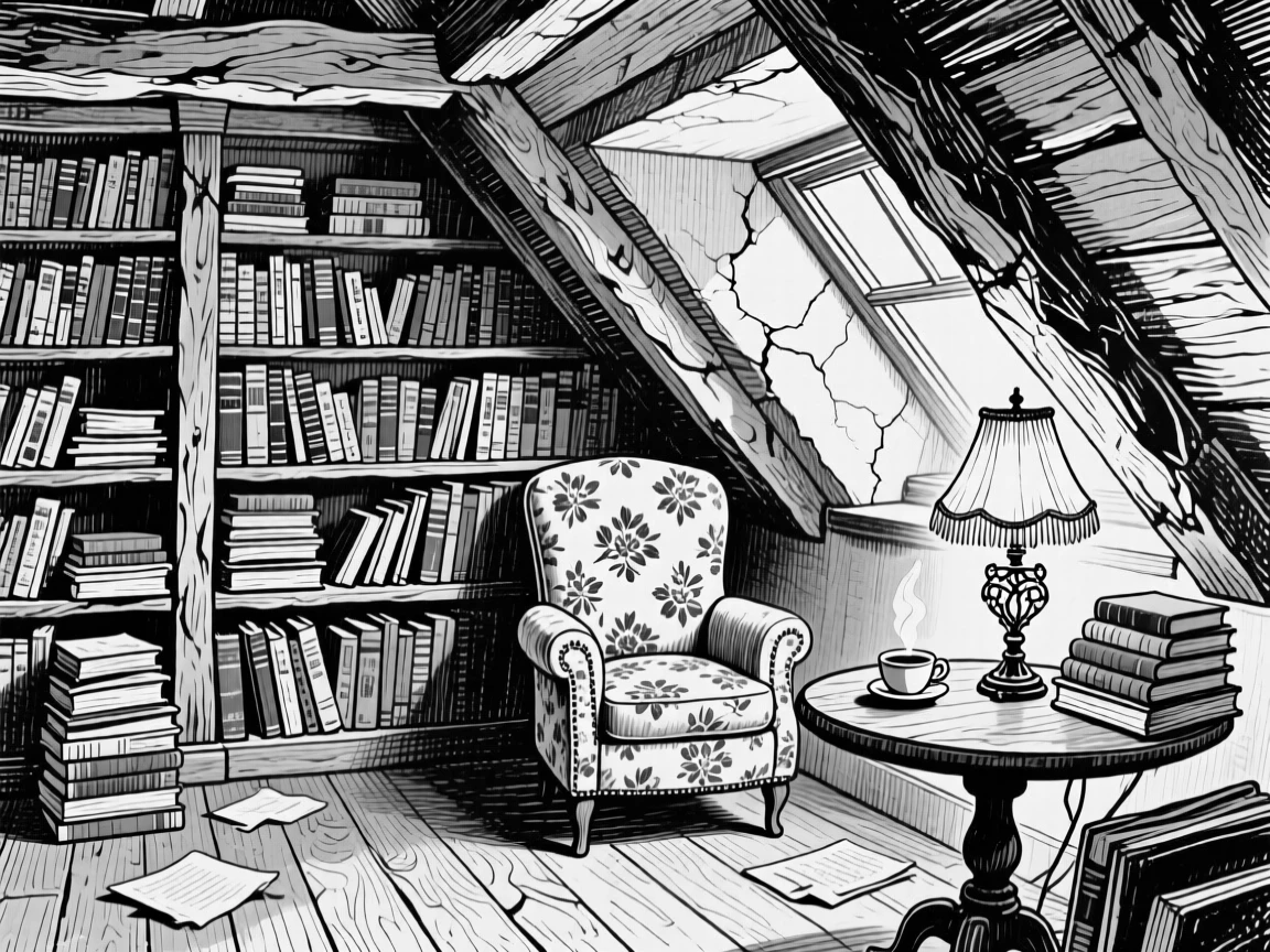 A cozy attic library with slanted ceilings and stacks of old books.