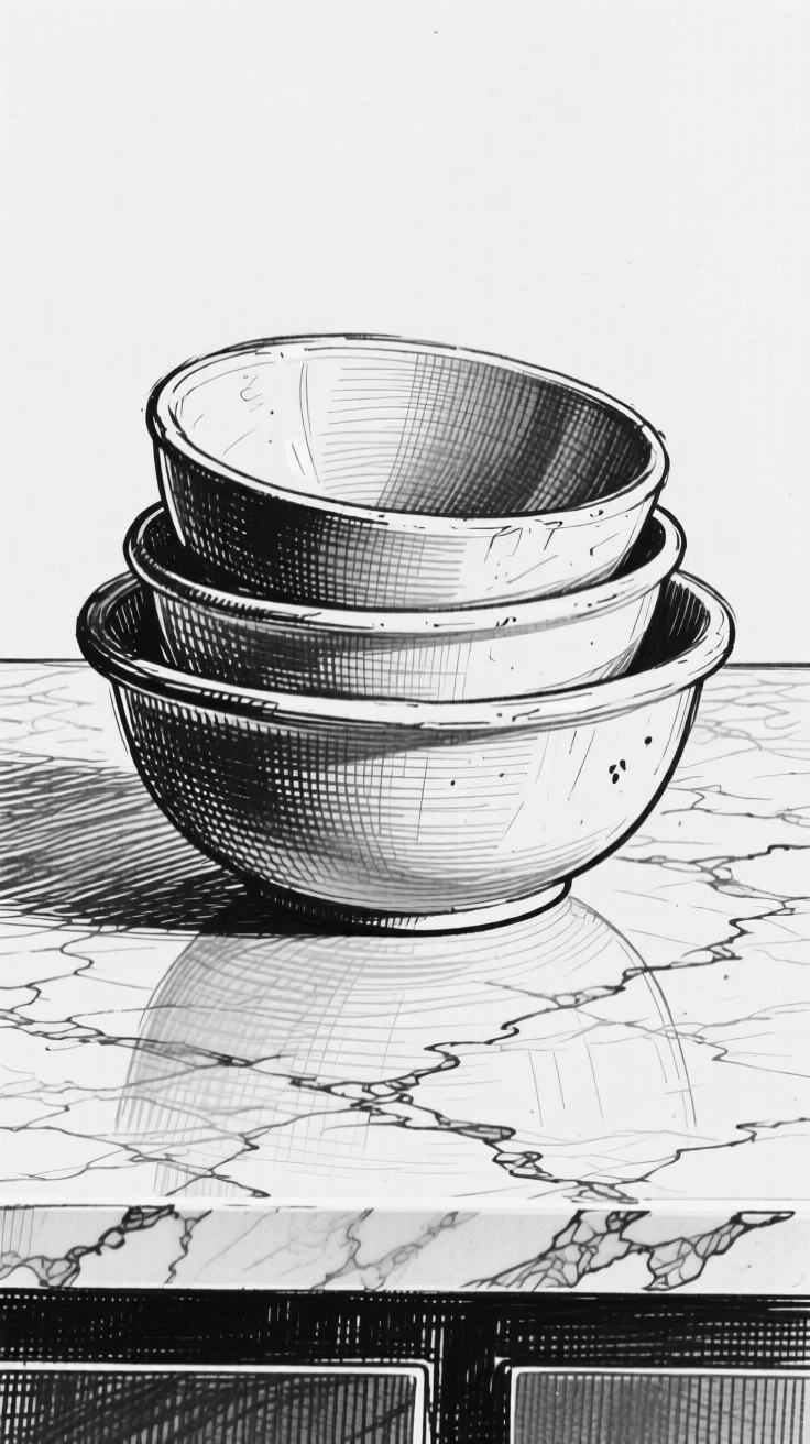 A set of nested mixing bowls set on a marble countertop, with a faint reflection visible on its surface, forming a timelessly charming still-life study.