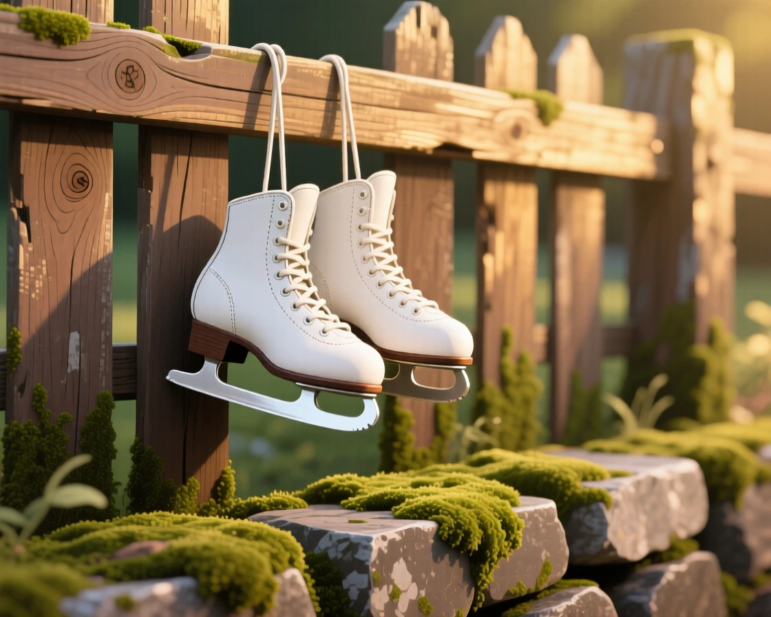 A pair of ice skates hanging from a wooden fence, placed on a mossy stone ledge outdoors, shown from a slightly elevated angle, with soft golden light highlighting fine craftsmanship.