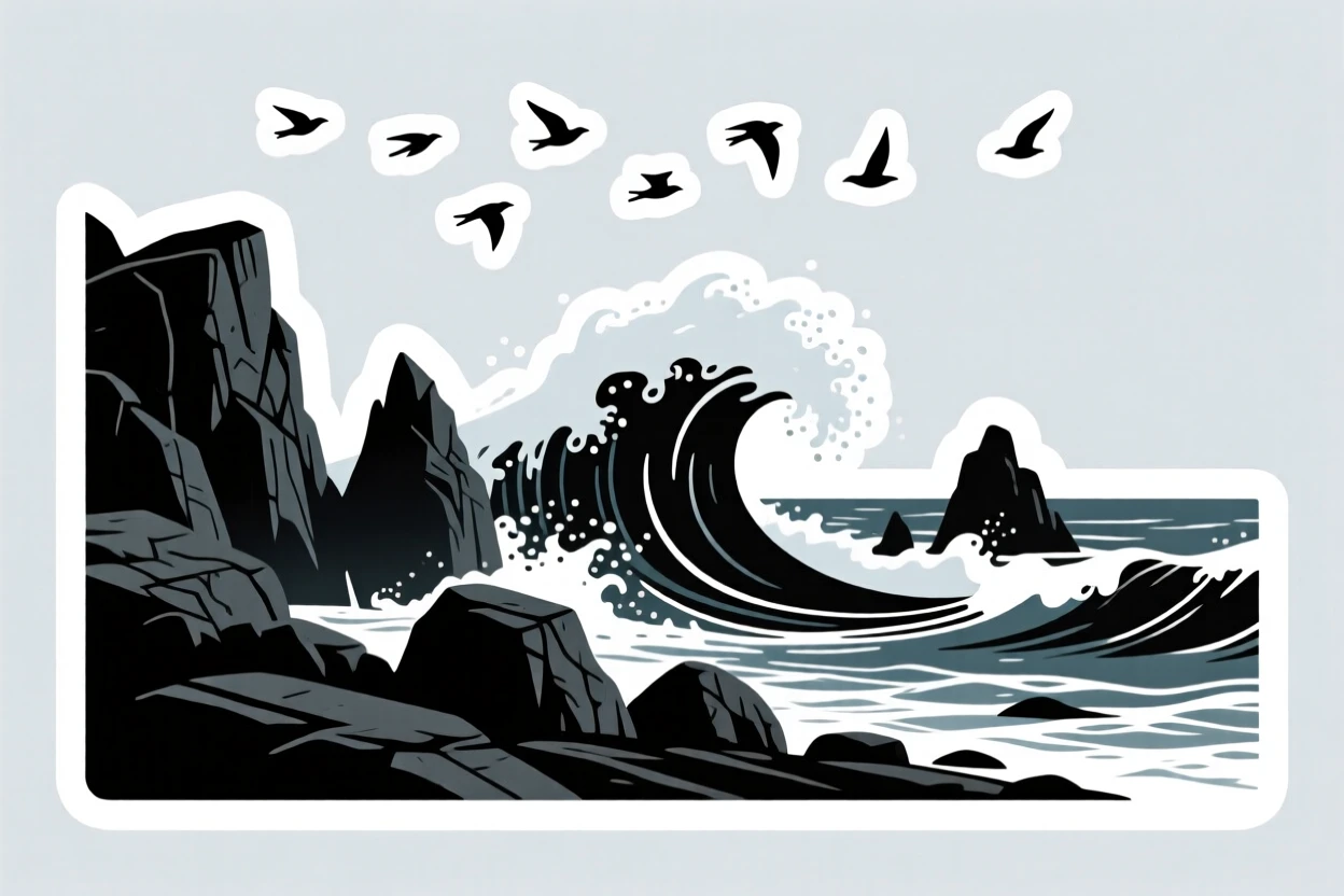A dreamlike rocky coastline with crashing waves, with birds flying across the sky, far from any city lights.