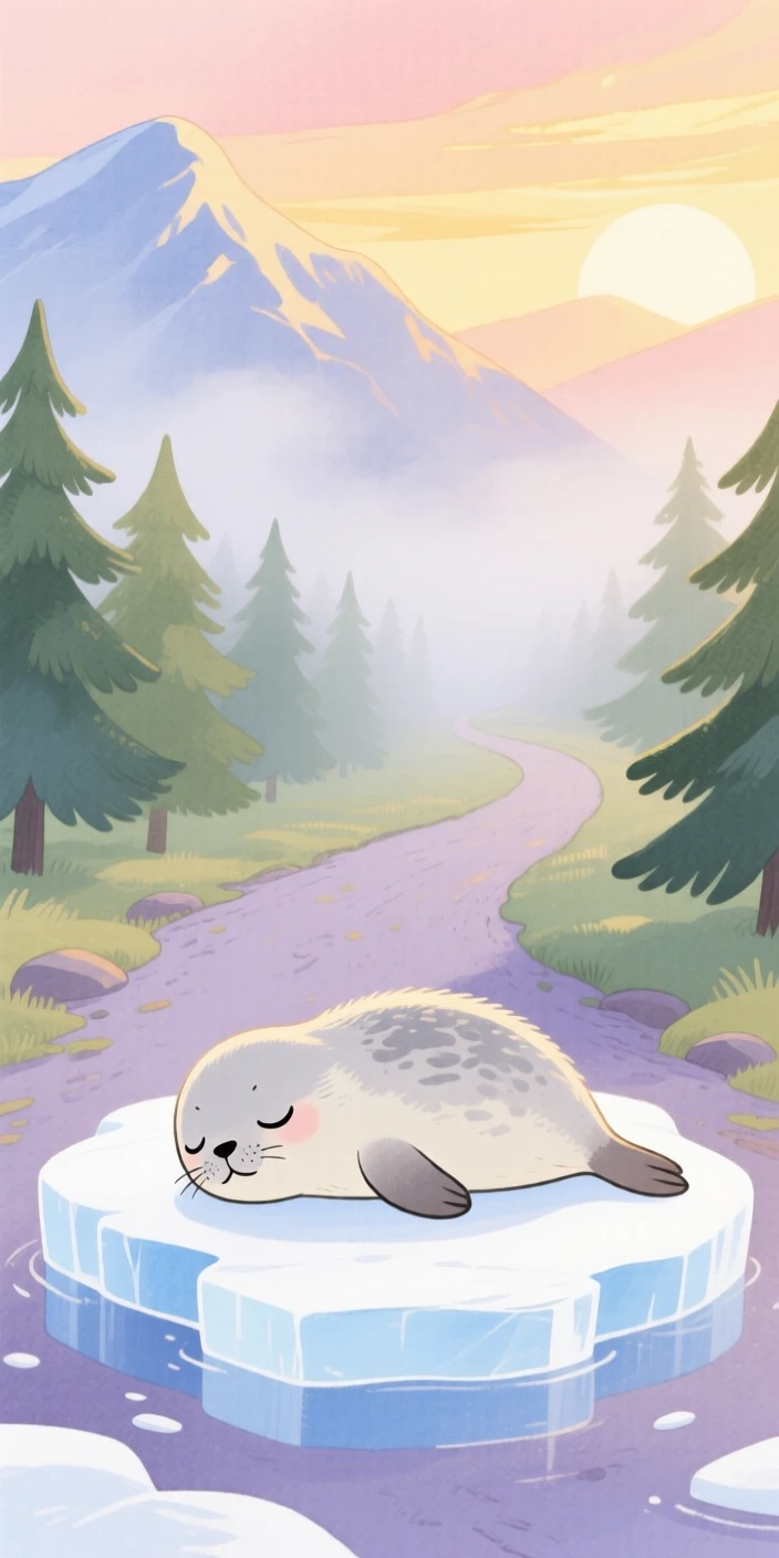 A seal pup resting on ice resting peacefully in a misty mountain trail at the golden hour.