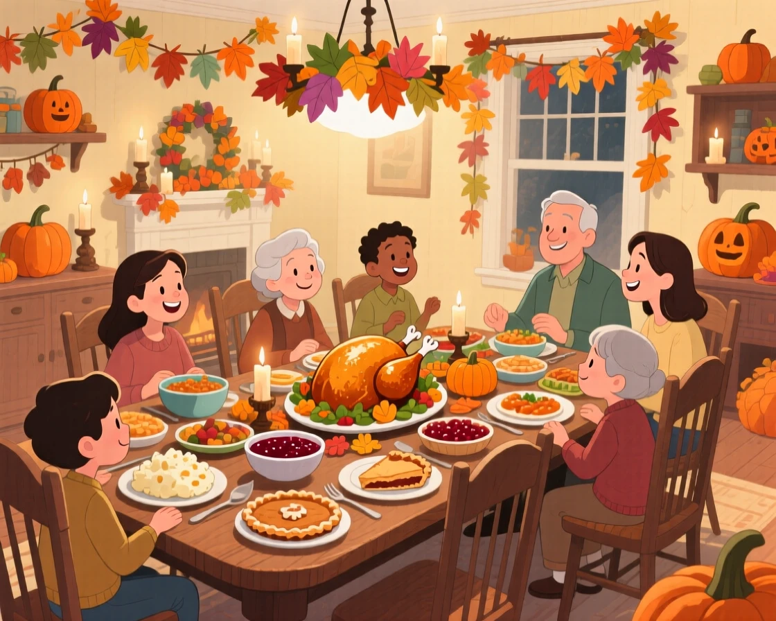 A table set for Thanksgiving dinner with family gathered around, in a warmly lit dining room decorated with autumn leaves, with handmade decorations crafted with love, evoking gratitude and warmth of the harvest season.