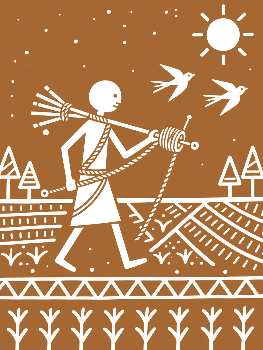 A rope maker carrying tools home after a long day.