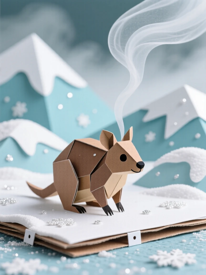A tiny quokka wandering through a snowy landscape, with mist rising gently in the background, evoking cozy, heartwarming charm.