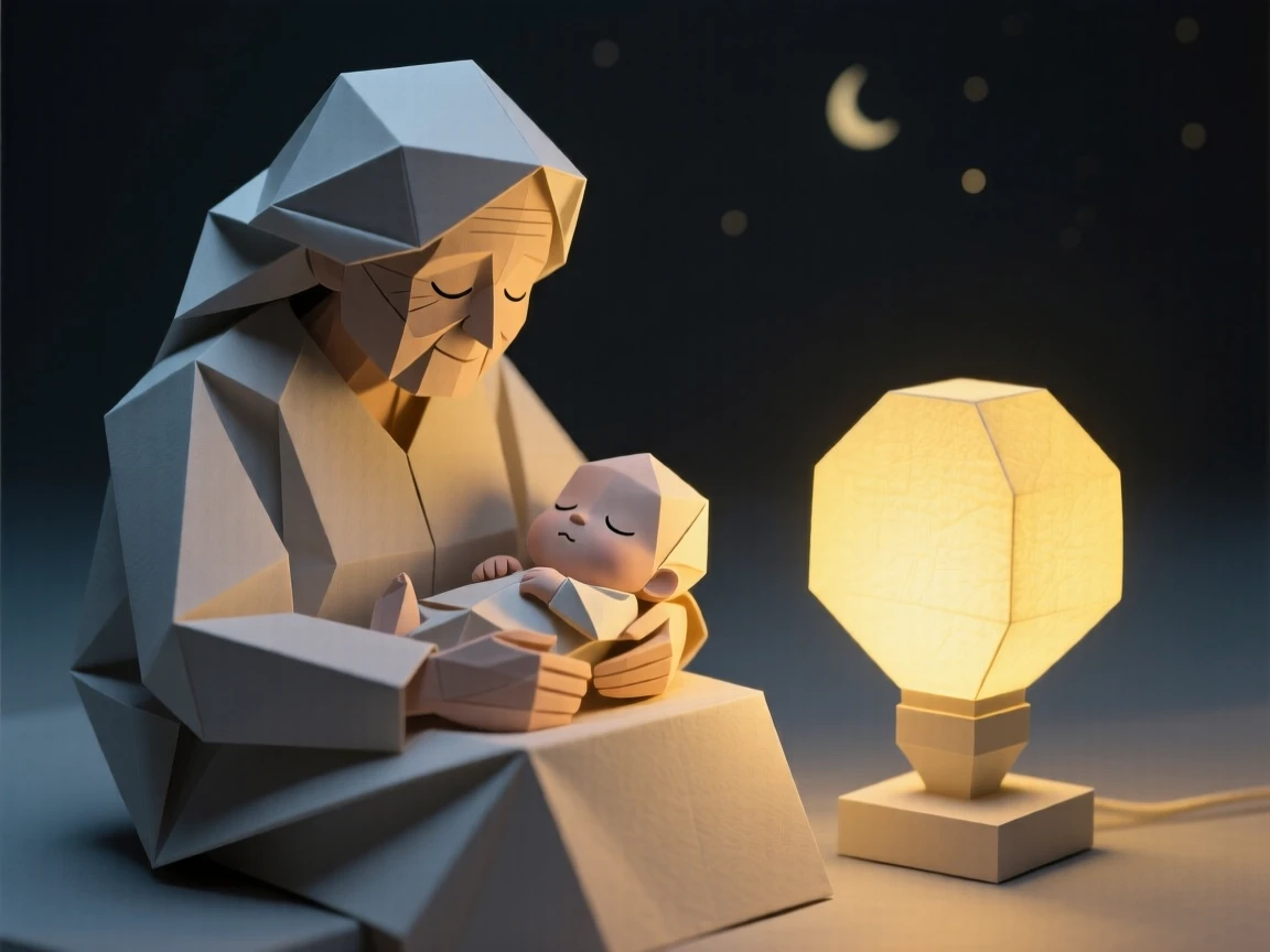 A grandmother rocking a sleeping baby beside a softly glowing night light.