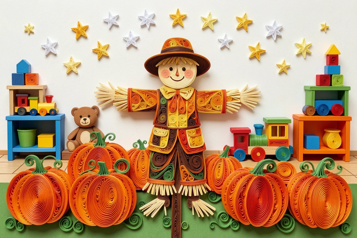 A whimsical children's scene of a friendly scarecrow standing in a pumpkin patch in a colorful playroom filled with toys, with a sprinkle of twinkling stars overhead, arranged with bright cheerful symmetry.