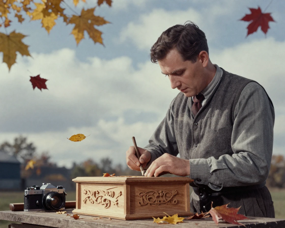 A woodworker carving intricate details into a wooden box, in gentle diffused daylight, under scattered clouds, as autumn leaves turn gold and red, in cool blues and silvery greys, from a three-quarter angle.