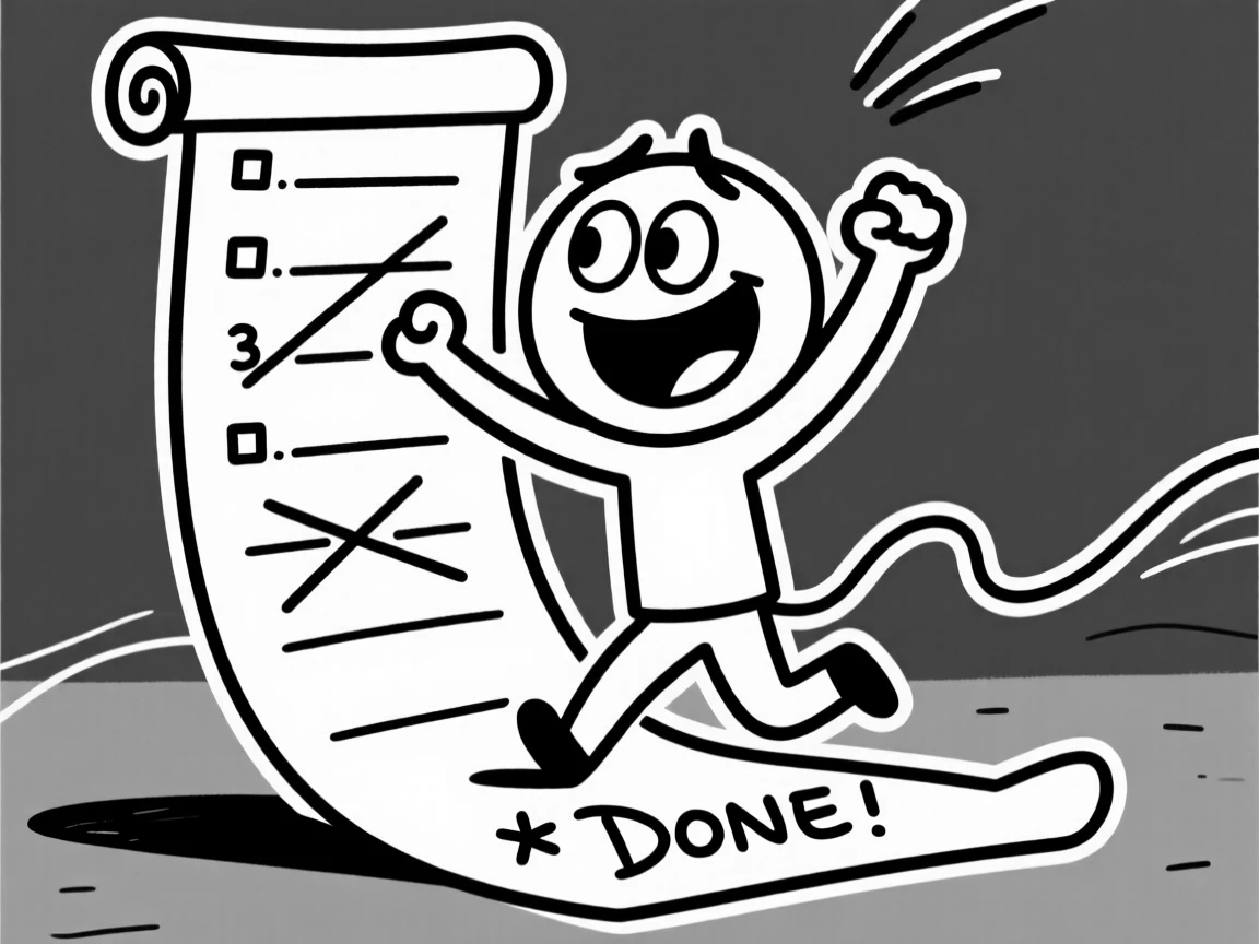 Someone triumphantly crossing the last item off an enormous to-do list.