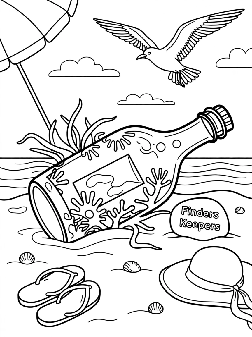 A message in a bottle washed up on a sandy shore, with barnacles and anemones clinging to every surface.