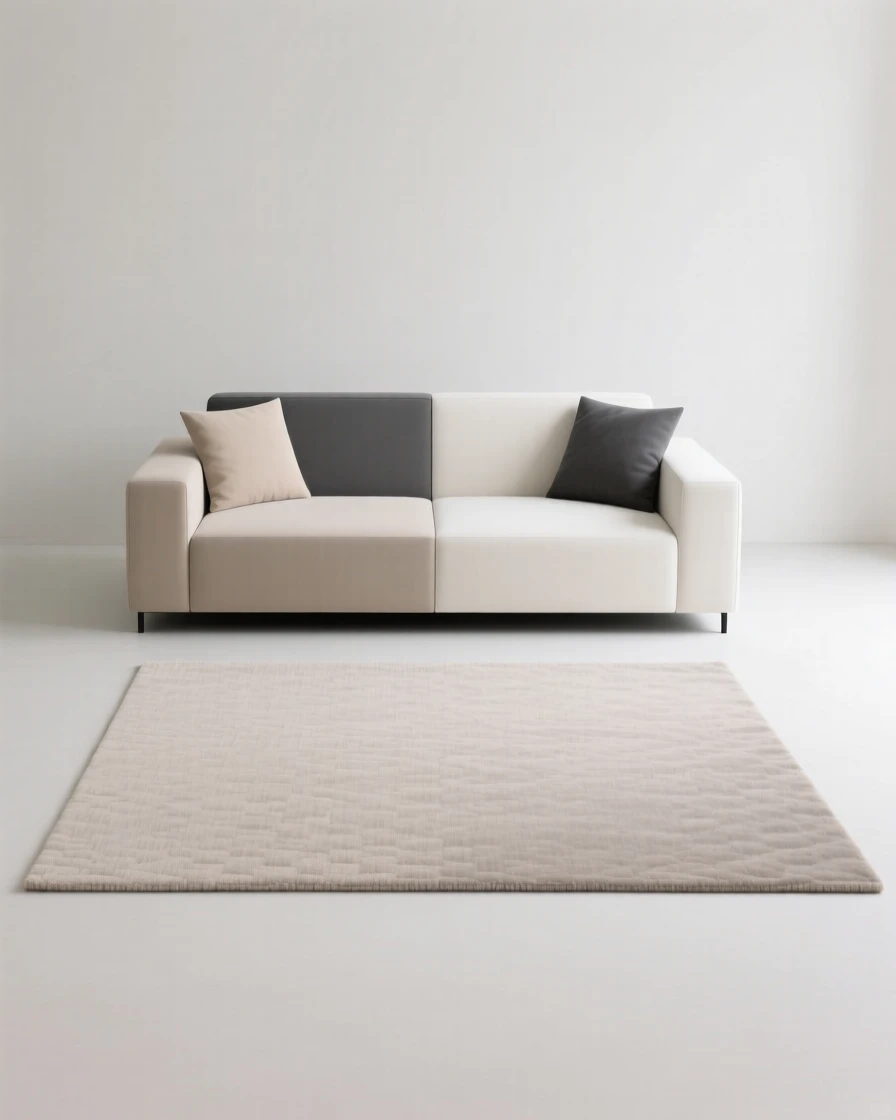 A living room with a large area rug and sofa