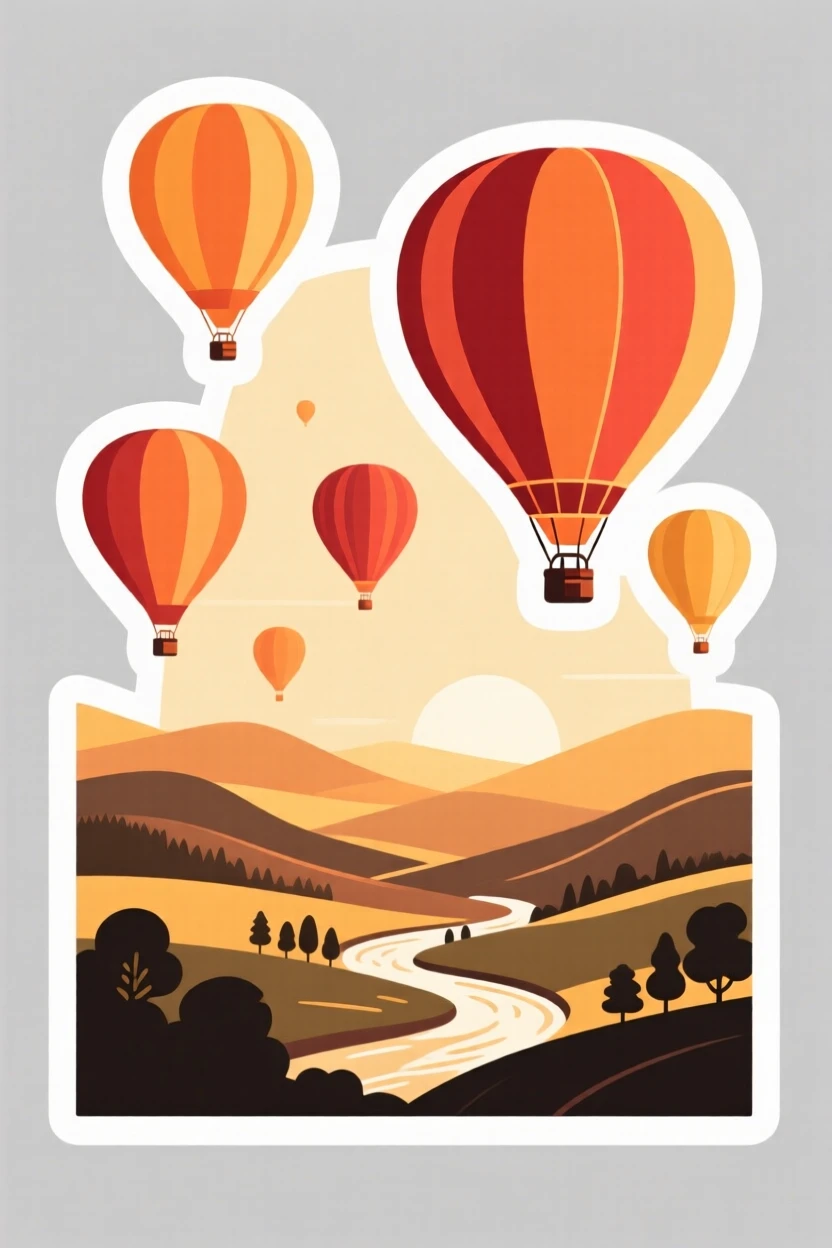 An idyllic hot air balloons floating over a valley, bathed in golden hour light, in a place time seems to slow down.