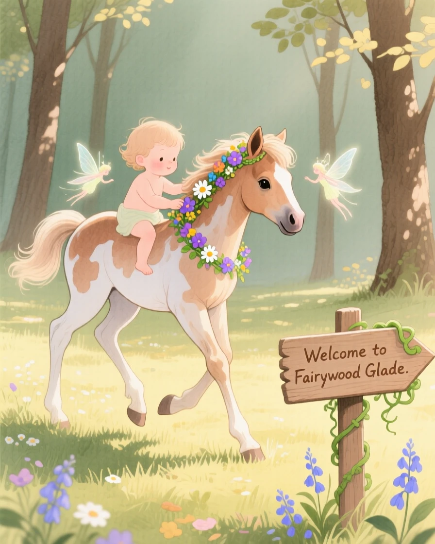 A baby centaur foal trots through a sunlit glade, flowers braided into its mane by woodland fairies