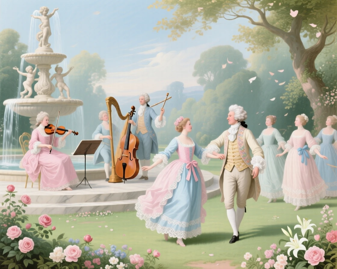 A garden orchestra playing beside a fountain while guests dance on the lawn  