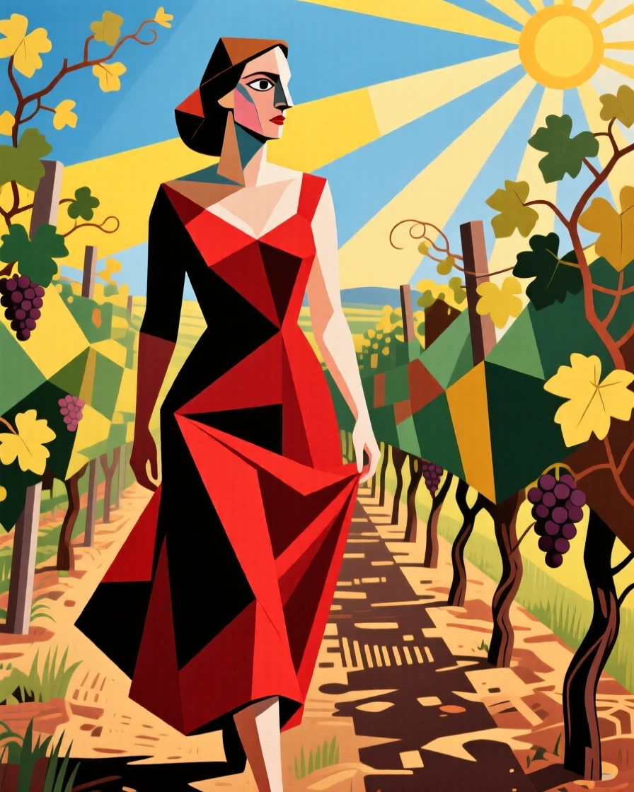 An elegant lifestyle scene of a woman in a flowing red dress walking through a sunlit vineyard.