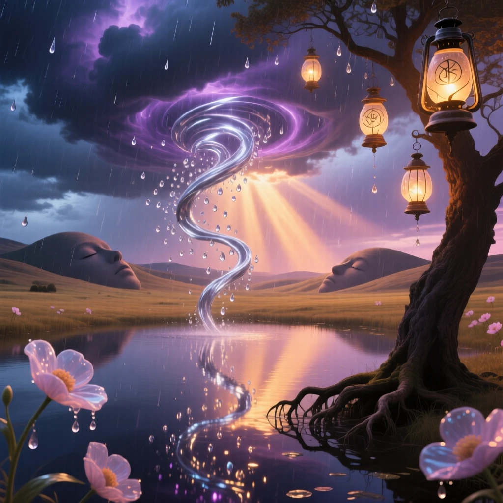 A rainstorm falling upward from a still, quiet lake settles quietly over a wide, empty countryside, as soft light breaks unexpectedly through heavy clouds.
