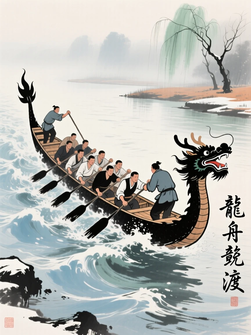 A dragon boat race with rowers straining against a swift river current, in the mild days of early winter, through swirling morning fog.