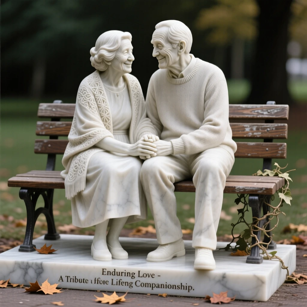 A heartfelt moment showing an elderly couple holding hands on a park bench, radiating love and genuine human emotion