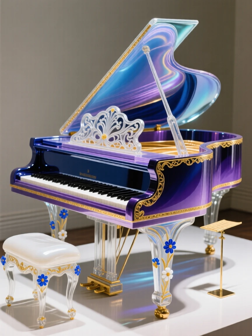 A grand piano gleaming beneath soft spotlight in an empty room, elegant and evocative.